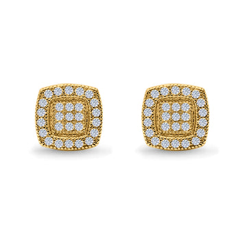 Square Cushion Shape Yellow Tone, Simulated CZ Stud Earrings Screw-Back Round Pave 925 Sterling Silver